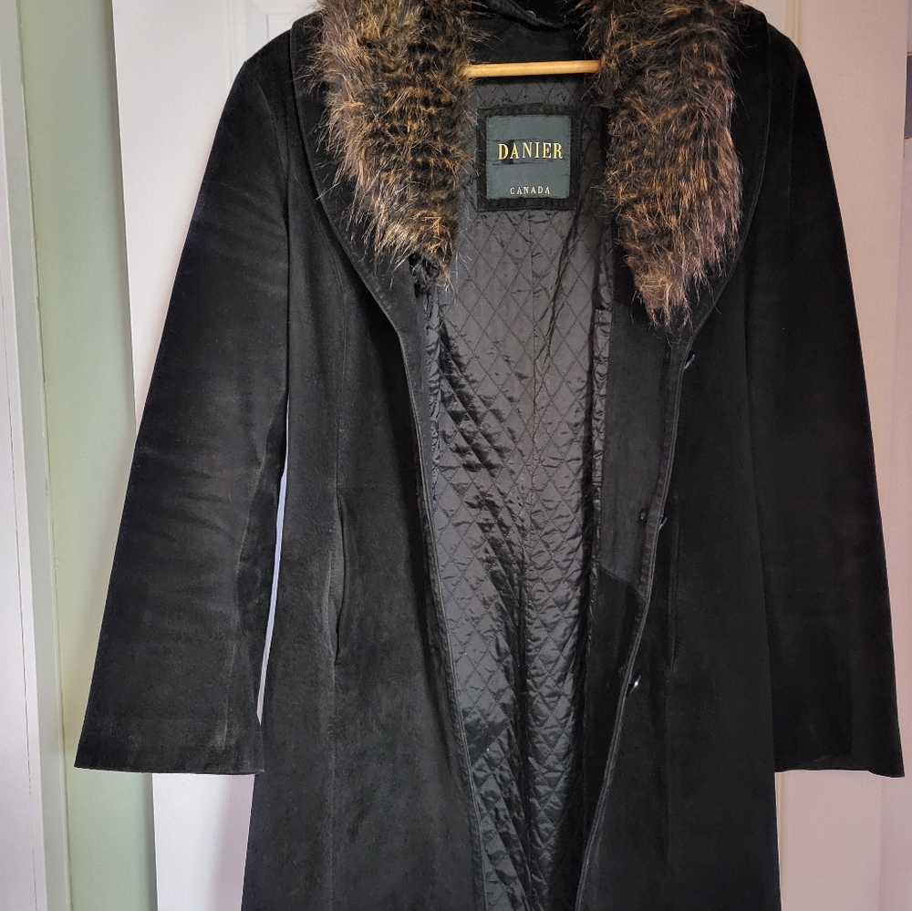 Danier Black Trench Coat with Luxurious Fur Collar